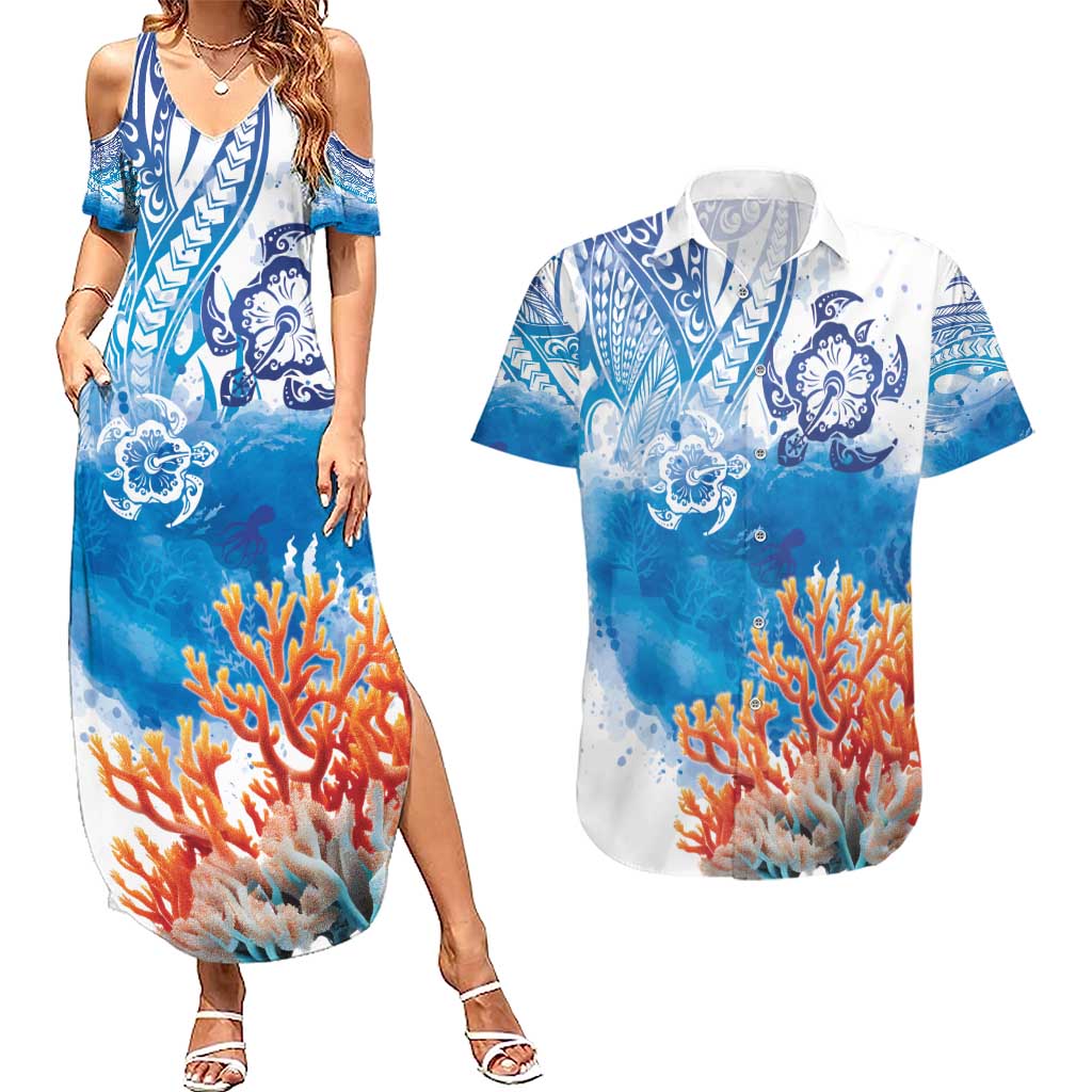 Hibiscus Turtle Tattoo Coral Reef Couples Matching Summer Maxi Dress and Hawaiian Shirt with Polynesian Tribal