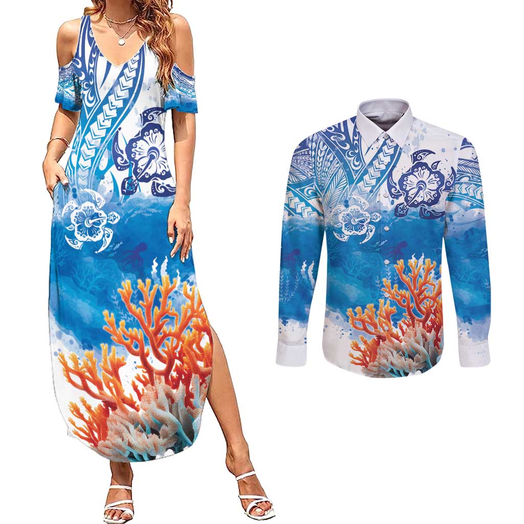 Hibiscus Turtle Tattoo Coral Reef Couples Matching Summer Maxi Dress and Long Sleeve Button Shirt with Polynesian Tribal