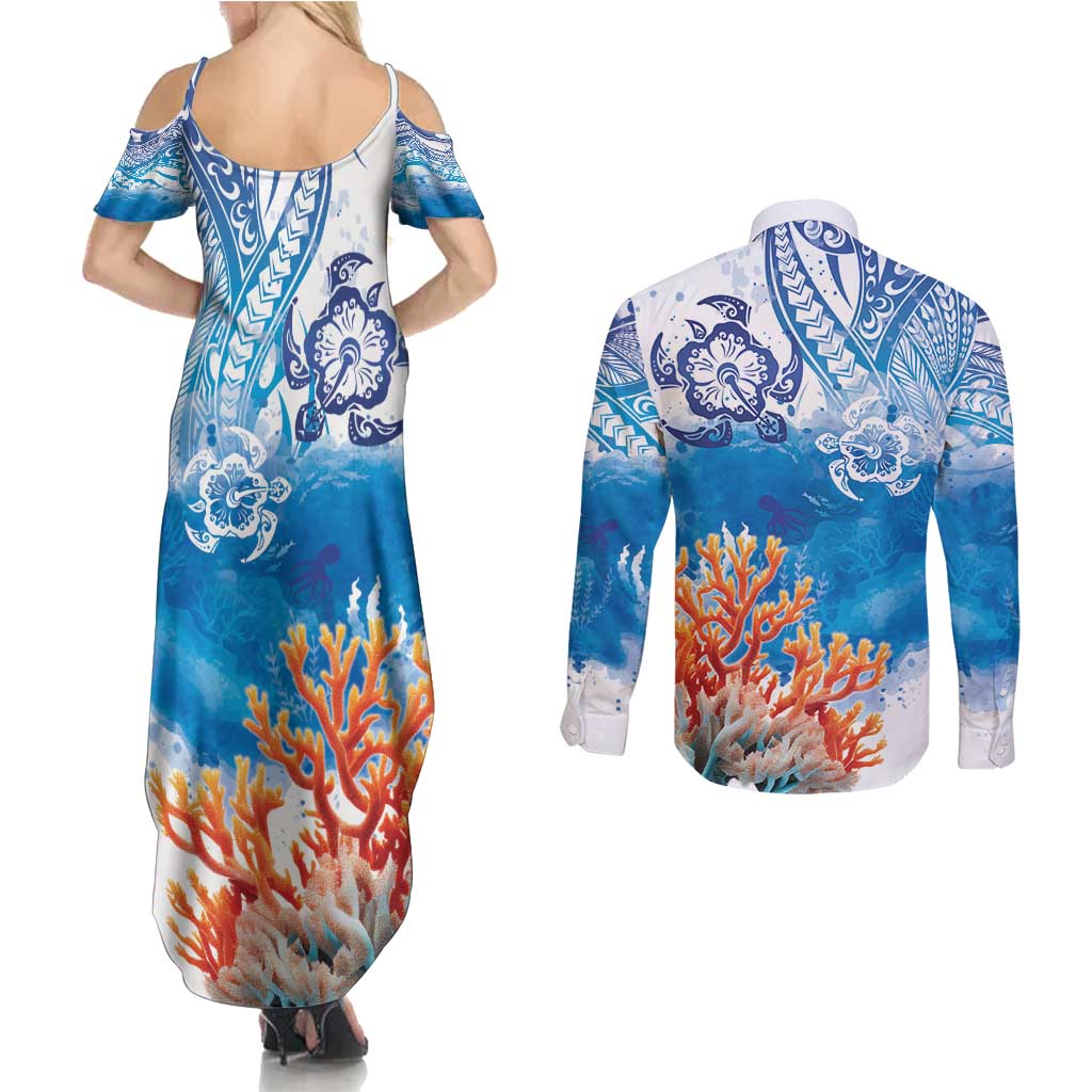 Hibiscus Turtle Tattoo Coral Reef Couples Matching Summer Maxi Dress and Long Sleeve Button Shirt with Polynesian Tribal