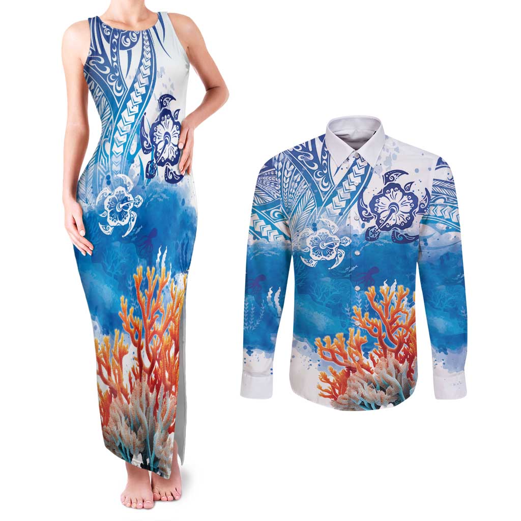 Hibiscus Turtle Tattoo Coral Reef Couples Matching Tank Maxi Dress and Long Sleeve Button Shirt with Polynesian Tribal