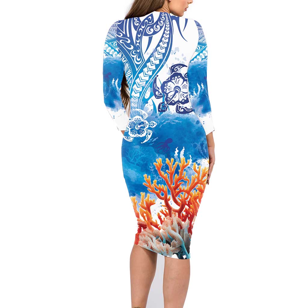 Hibiscus Turtle Tattoo Coral Reef Family Matching Long Sleeve Bodycon Dress and Hawaiian Shirt with Polynesian Tribal LT9 - Polynesian Pride
