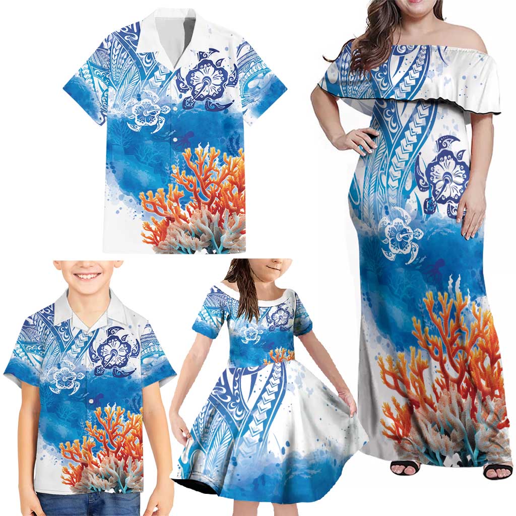 Hibiscus Turtle Tattoo Coral Reef Family Matching Off Shoulder Maxi Dress and Hawaiian Shirt with Polynesian Tribal LT9 - Polynesian Pride