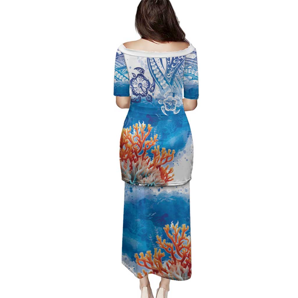 Hibiscus Turtle Tattoo Coral Reef Family Matching Puletasi and Hawaiian Shirt with Polynesian Tribal