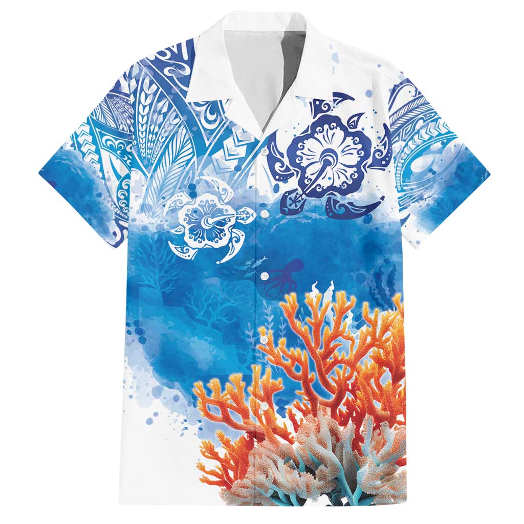 Hibiscus Turtle Tattoo Coral Reef Family Matching Short Sleeve Bodycon Dress and Hawaiian Shirt with Polynesian Tribal LT9 Dad's Shirt - Short Sleeve White - Polynesian Pride