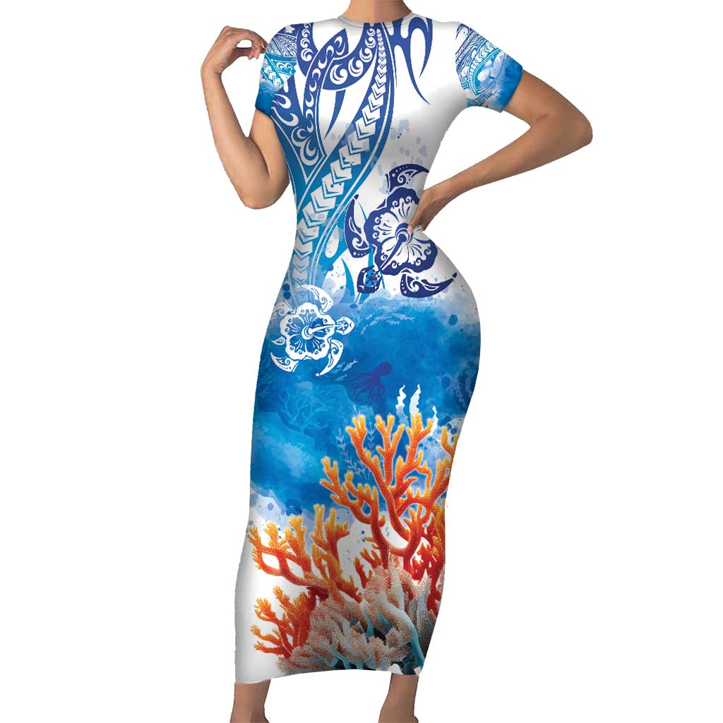 Hibiscus Turtle Tattoo Coral Reef Family Matching Short Sleeve Bodycon Dress and Hawaiian Shirt with Polynesian Tribal LT9 Mom's Dress White - Polynesian Pride