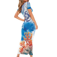 Hibiscus Turtle Tattoo Coral Reef Family Matching Short Sleeve Bodycon Dress and Hawaiian Shirt with Polynesian Tribal LT9 - Polynesian Pride