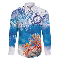 Hibiscus Turtle Tattoo Coral Reef Family Matching Tank Maxi Dress and Hawaiian Shirt with Polynesian Tribal LT9 Dad's Shirt - Long Sleeve White - Polynesian Pride
