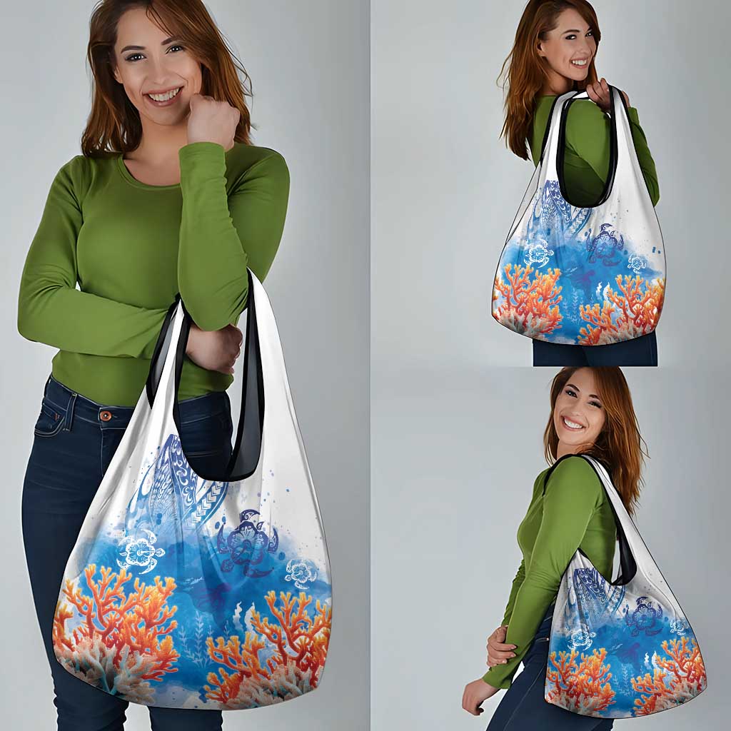 Hibiscus Turtle Tattoo Coral Reef Grocery Bag with Polynesian Tribal