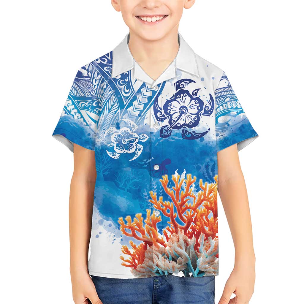 Hibiscus Turtle Tattoo Coral Reef Kid Hawaiian Shirt with Polynesian Tribal LT9 Kid White - Polynesian Pride