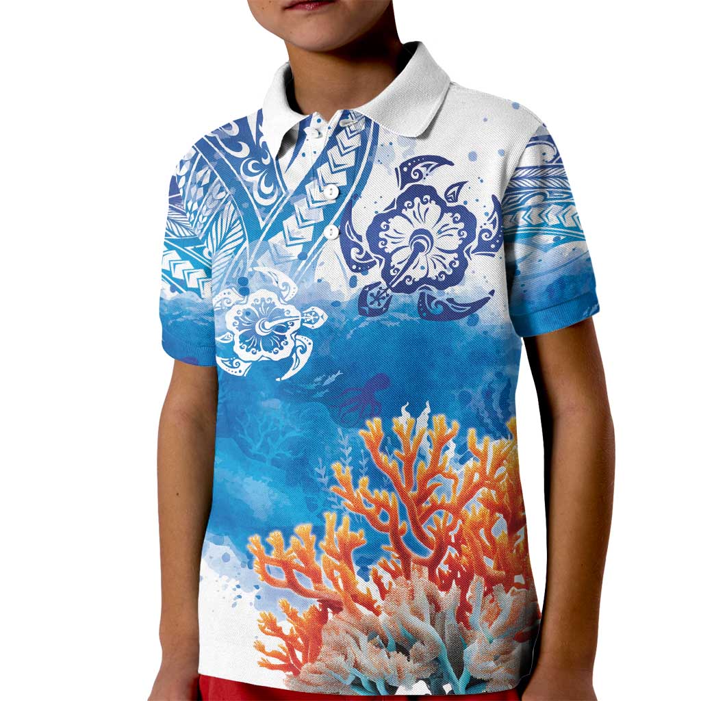 Hibiscus Turtle Tattoo Coral Reef Kid Polo Shirt with Polynesian Tribal LT9 Kid White - Polynesian Pride
