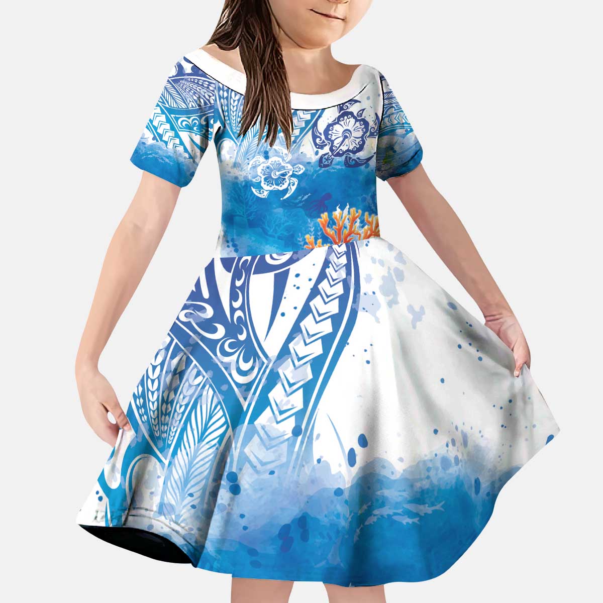 Hibiscus Turtle Tattoo Coral Reef Kid Short Sleeve Dress with Polynesian Tribal LT9 KID White - Polynesian Pride