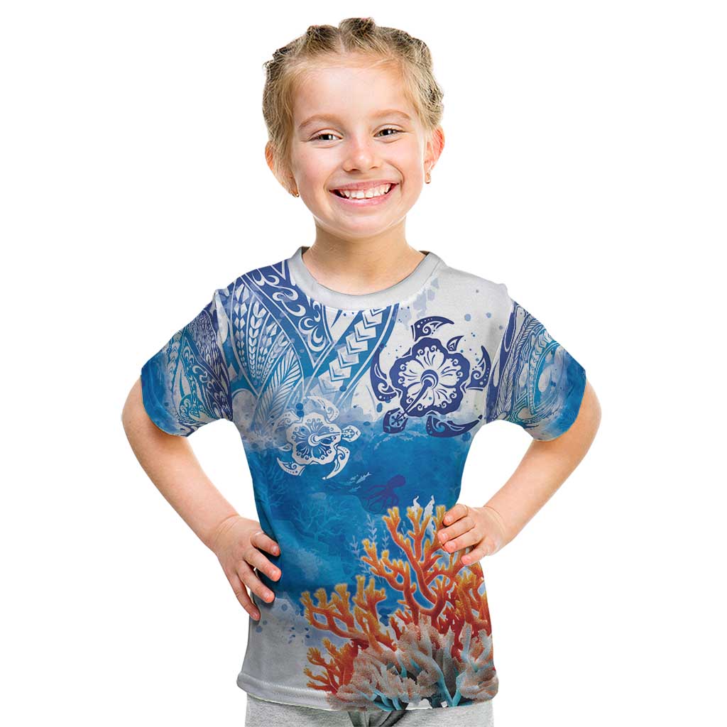 Hibiscus Turtle Tattoo Coral Reef Kid T Shirt with Polynesian Tribal LT9 White - Polynesian Pride