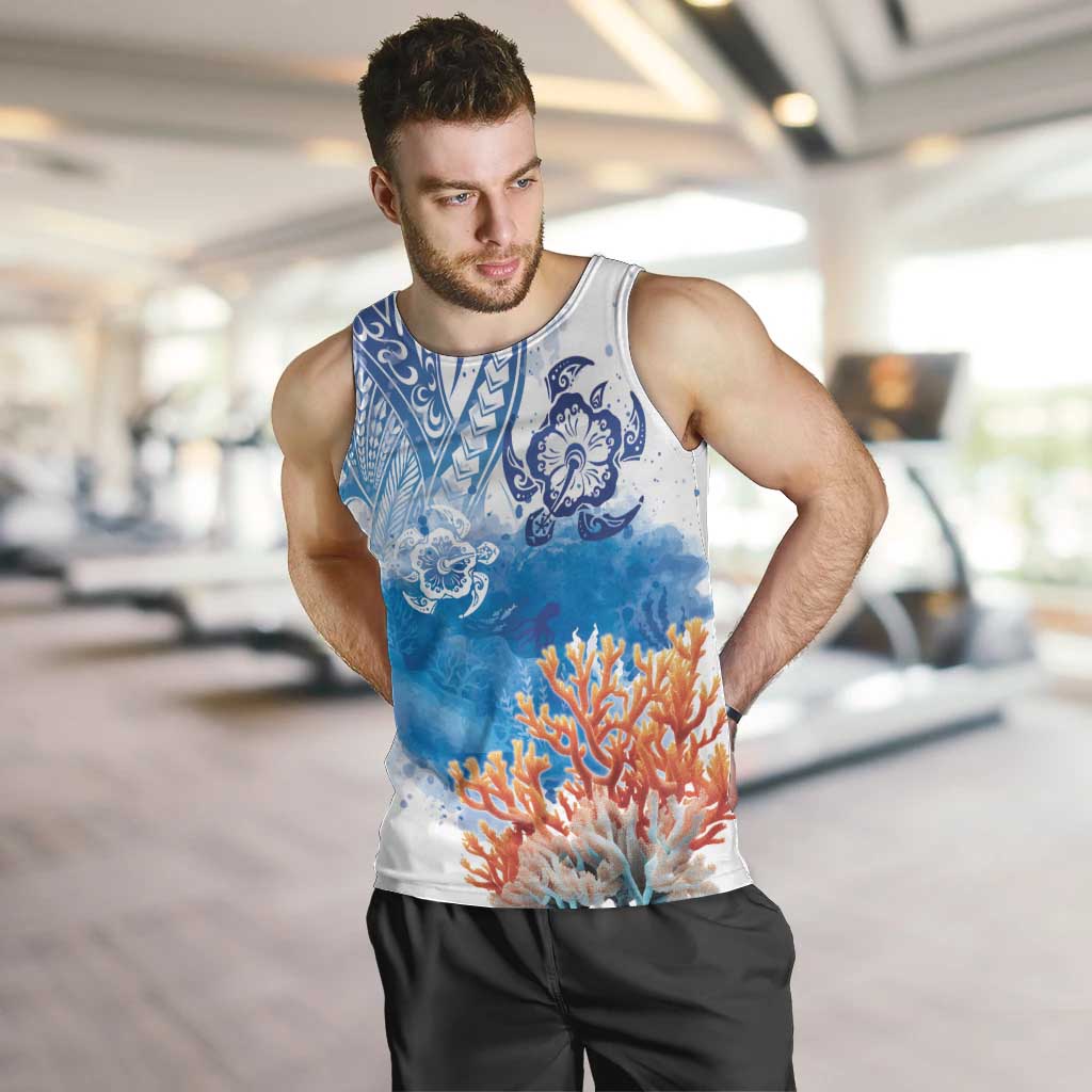 Hibiscus Turtle Tattoo Coral Reef Men Tank Top with Polynesian Tribal