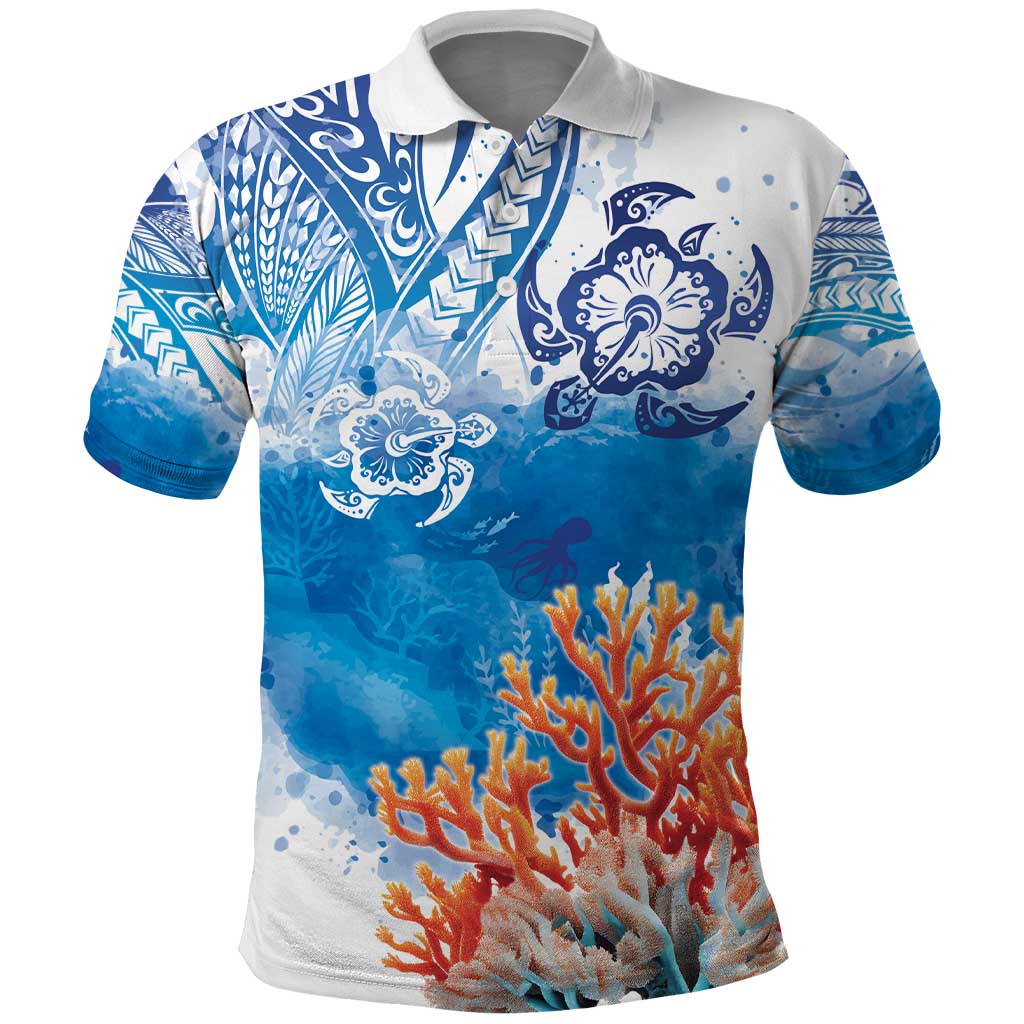 Hibiscus Turtle Tattoo Coral Reef Polo Shirt with Polynesian Tribal