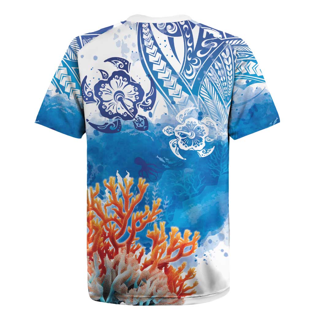 Hibiscus Turtle Tattoo Coral Reef Rugby Jersey with Polynesian Tribal