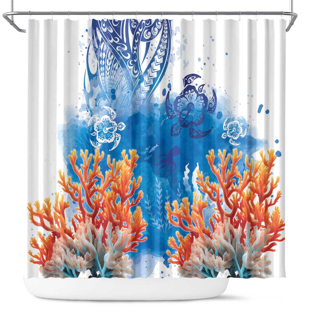 Hibiscus Turtle Tattoo Coral Reef Shower Curtain with Polynesian Tribal