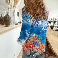 Hibiscus Turtle Tattoo Coral Reef Women Casual Shirt with Polynesian Tribal LT9 - Polynesian Pride
