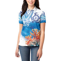 Hibiscus Turtle Tattoo Coral Reef Women Polo Shirt with Polynesian Tribal