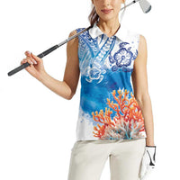 Hibiscus Turtle Tattoo Coral Reef Women Sleeveless Polo Shirt with Polynesian Tribal LT9 - Polynesian Pride