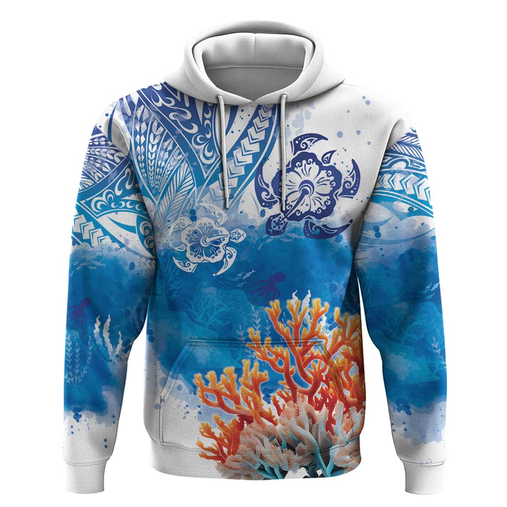 Hibiscus Turtle Tattoo Coral Reef Zip Hoodie with Polynesian Tribal