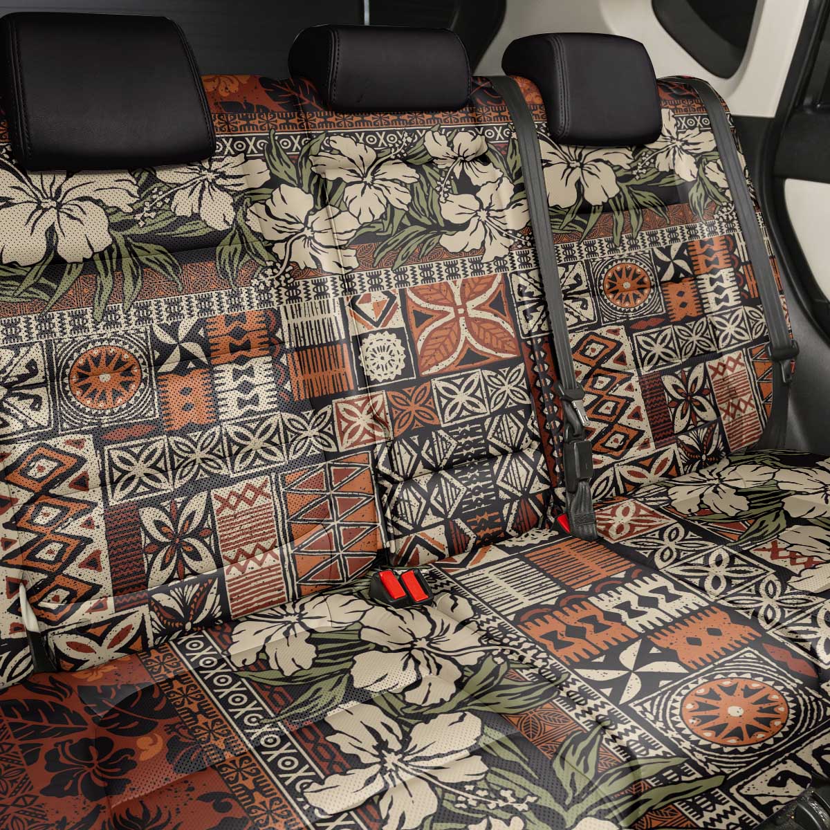 Pacific Hibiscus Tapa Tribal Vintage Back Car Seat Cover Brown Motif