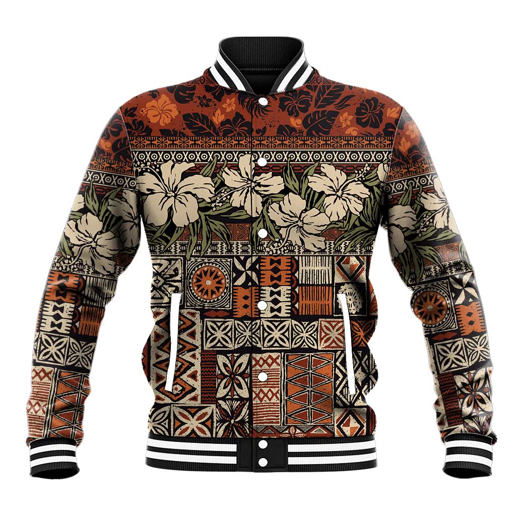 Pacific Hibiscus Tapa Tribal Vintage Baseball Jacket Brown Motif
