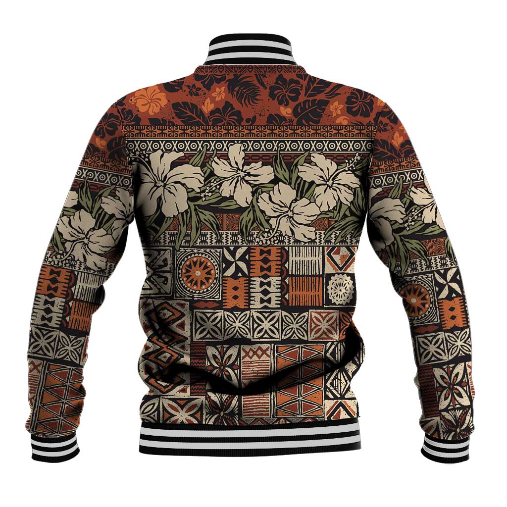 Pacific Hibiscus Tapa Tribal Vintage Baseball Jacket Brown Motif