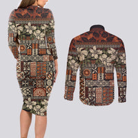 Pacific Hibiscus Tapa Tribal Vintage Couples Matching Long Sleeve Bodycon Dress and Long Sleeve Button Shirt Brown Motif