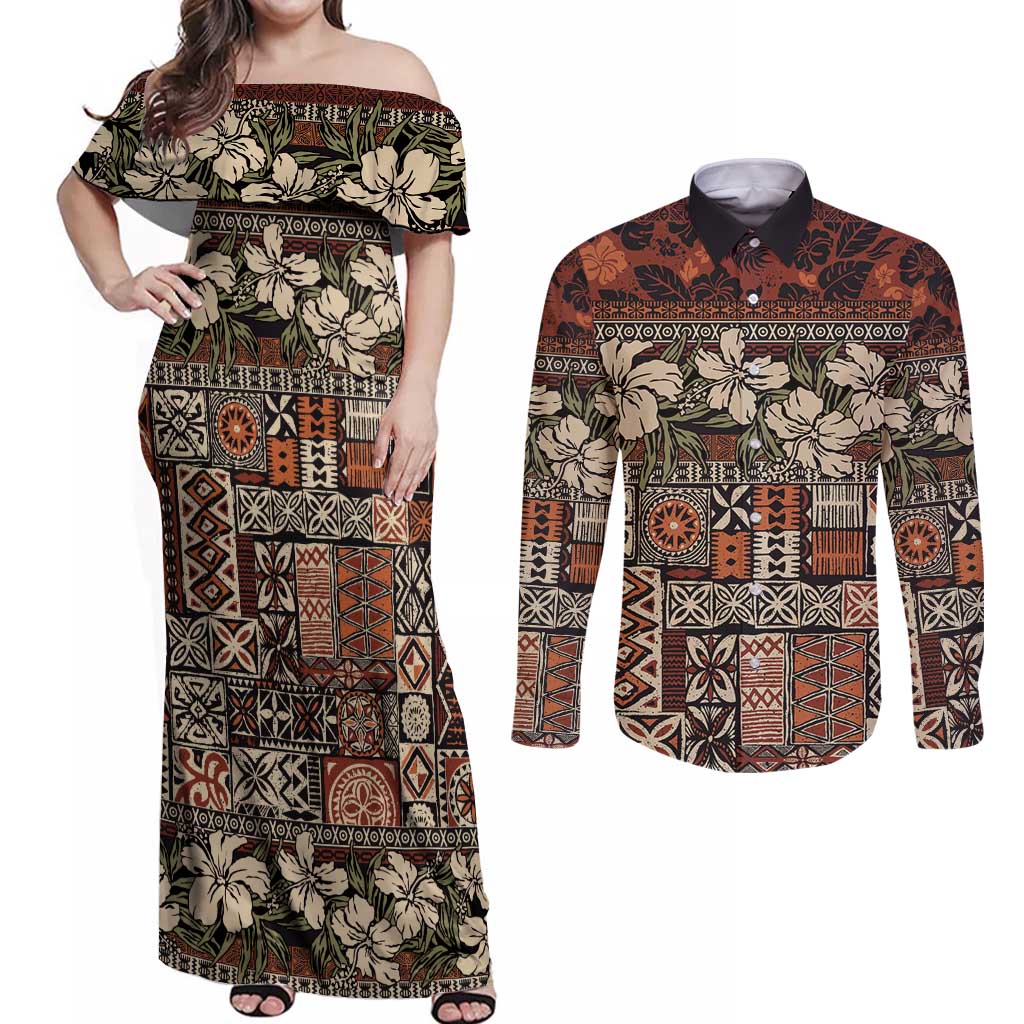 Pacific Hibiscus Tapa Tribal Vintage Couples Matching Off Shoulder Maxi Dress and Long Sleeve Button Shirt Brown Motif