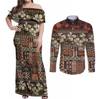 Pacific Hibiscus Tapa Tribal Vintage Couples Matching Off Shoulder Maxi Dress and Long Sleeve Button Shirt Brown Motif