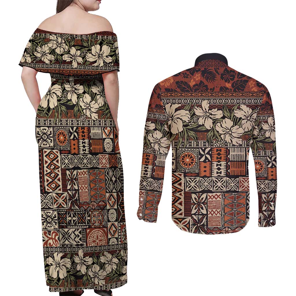 Pacific Hibiscus Tapa Tribal Vintage Couples Matching Off Shoulder Maxi Dress and Long Sleeve Button Shirt Brown Motif
