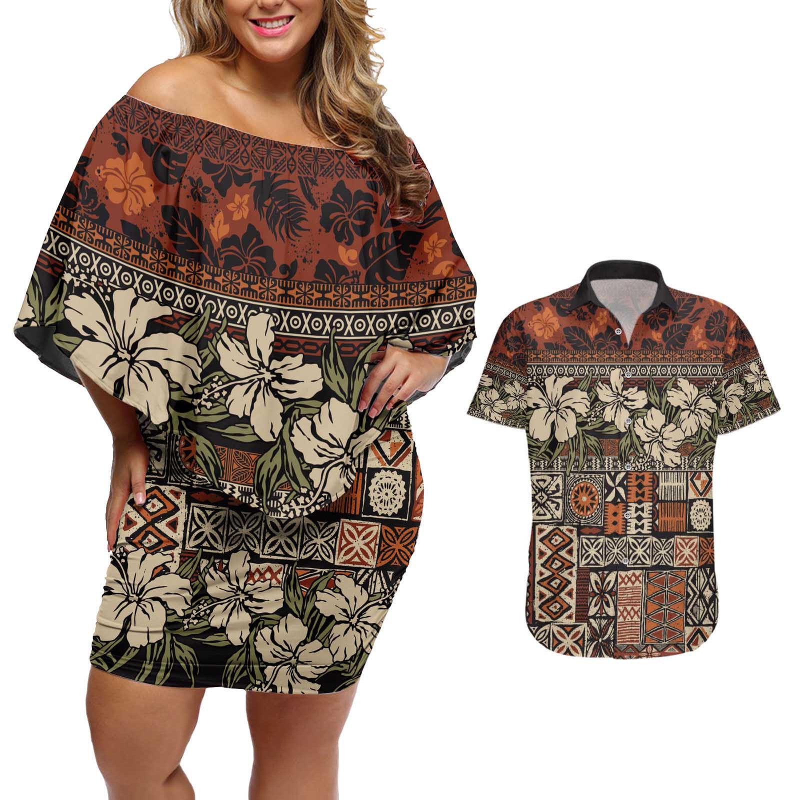 Pacific Hibiscus Tapa Tribal Vintage Couples Matching Off Shoulder Short Dress and Hawaiian Shirt Brown Motif