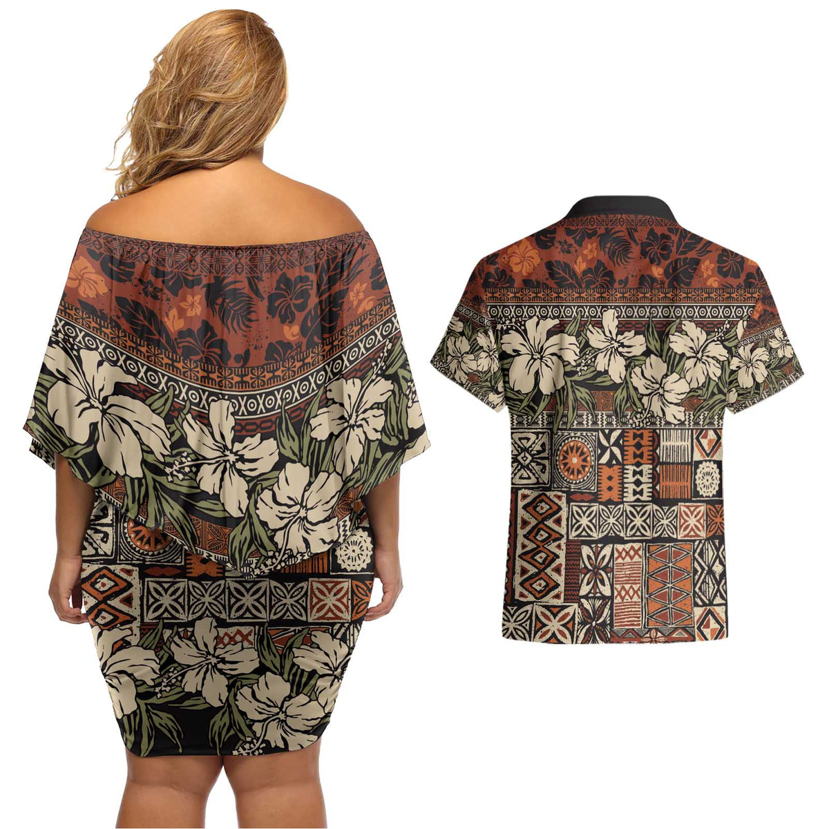 Pacific Hibiscus Tapa Tribal Vintage Couples Matching Off Shoulder Short Dress and Hawaiian Shirt Brown Motif