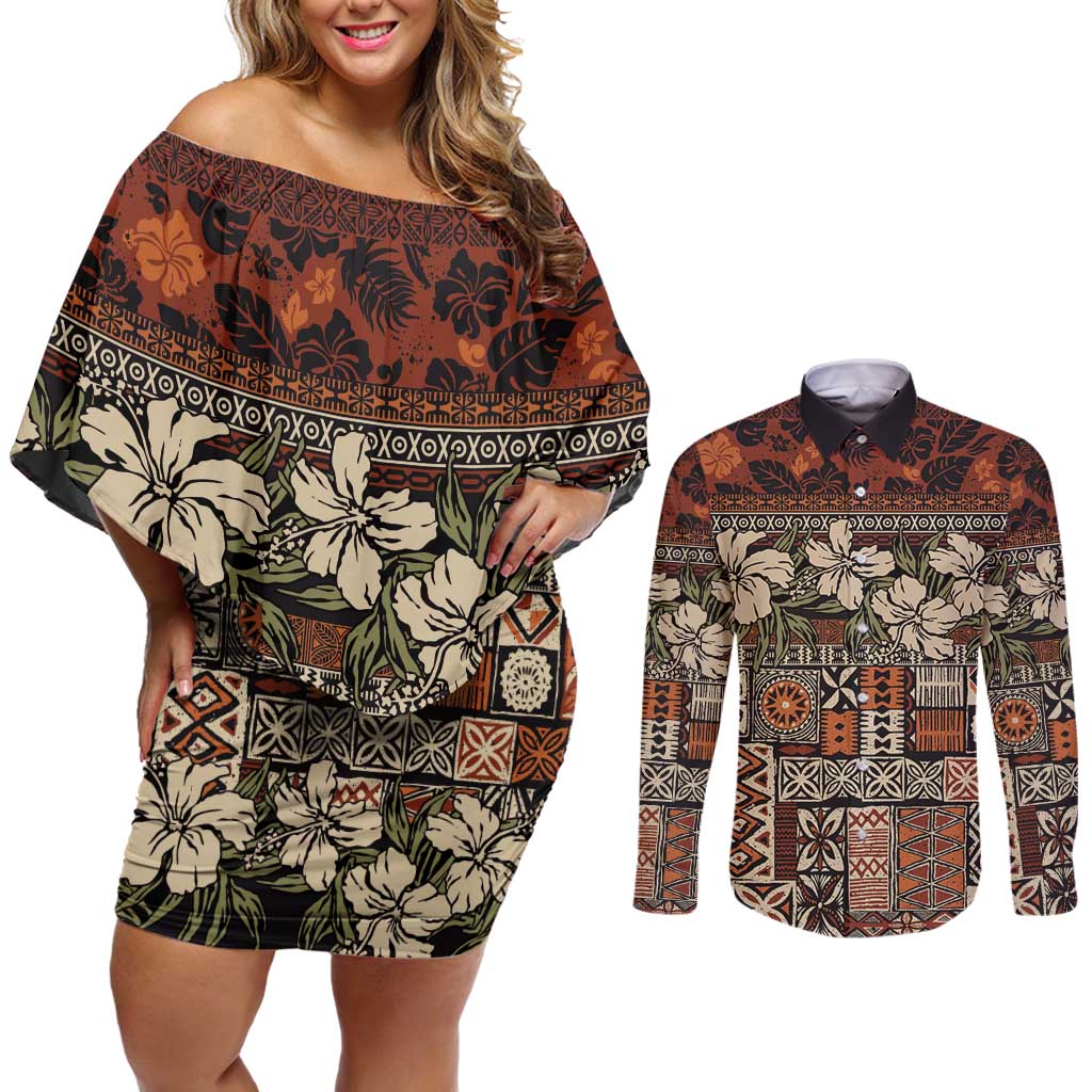 Pacific Hibiscus Tapa Tribal Vintage Couples Matching Off Shoulder Short Dress and Long Sleeve Button Shirt Brown Motif