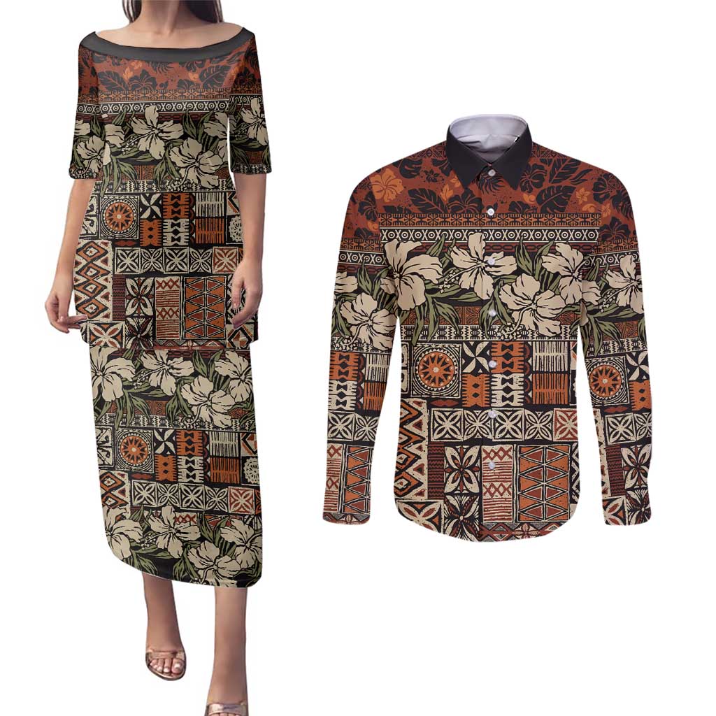 Pacific Hibiscus Tapa Tribal Vintage Couples Matching Puletasi and Long Sleeve Button Shirt Brown Motif