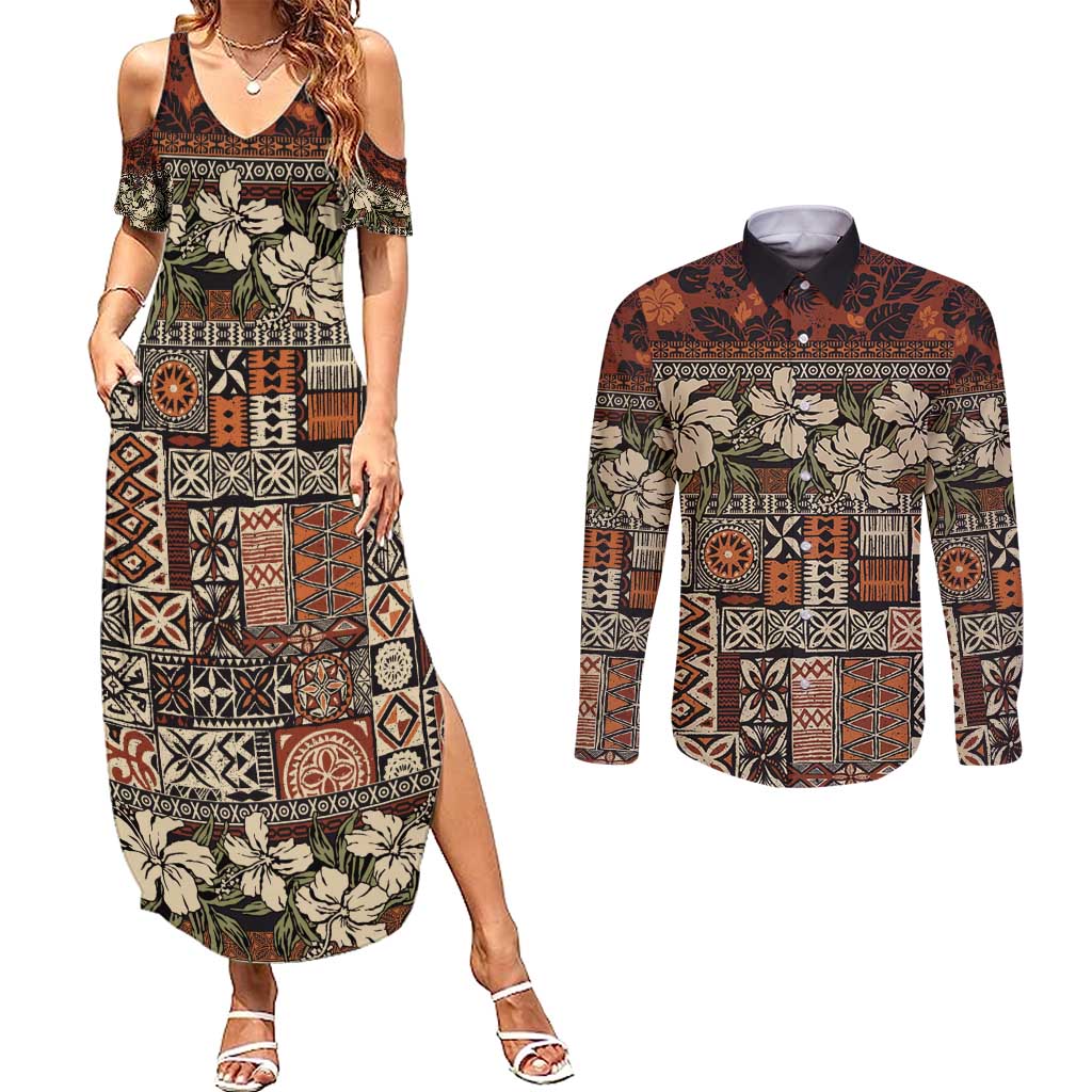 Pacific Hibiscus Tapa Tribal Vintage Couples Matching Summer Maxi Dress and Long Sleeve Button Shirt Brown Motif