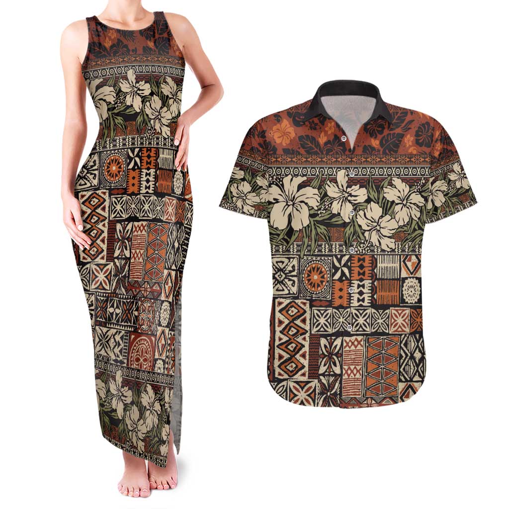 Pacific Hibiscus Tapa Tribal Vintage Couples Matching Tank Maxi Dress and Hawaiian Shirt Brown Motif