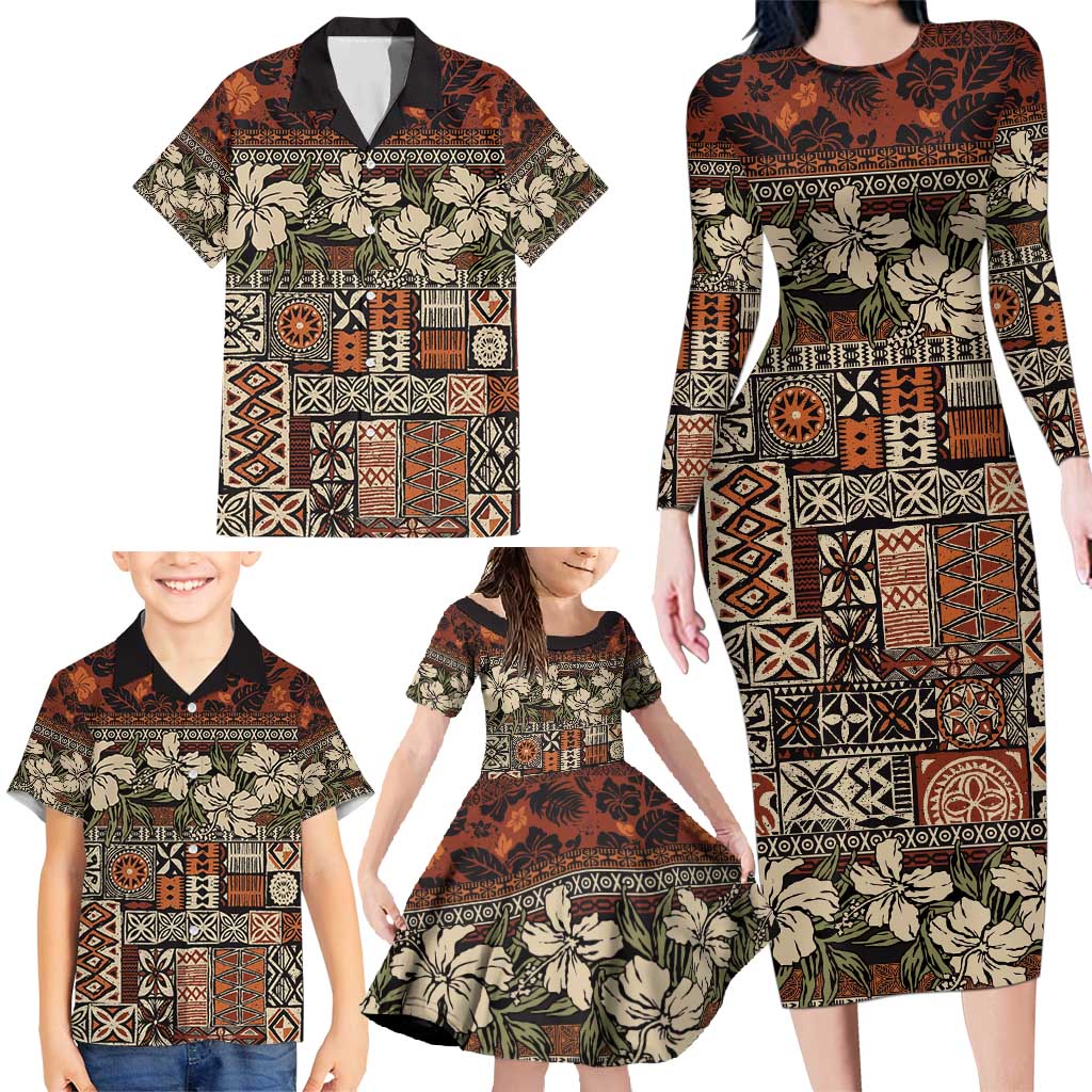 Pacific Hibiscus Tapa Tribal Vintage Family Matching Long Sleeve Bodycon Dress and Hawaiian Shirt Brown Motif LT9 - Polynesian Pride