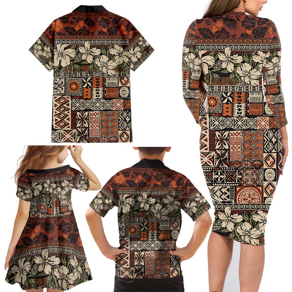 Pacific Hibiscus Tapa Tribal Vintage Family Matching Long Sleeve Bodycon Dress and Hawaiian Shirt Brown Motif LT9 - Polynesian Pride