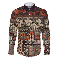 Pacific Hibiscus Tapa Tribal Vintage Family Matching Long Sleeve Bodycon Dress and Hawaiian Shirt Brown Motif LT9 Dad's Shirt - Long Sleeve Brown - Polynesian Pride