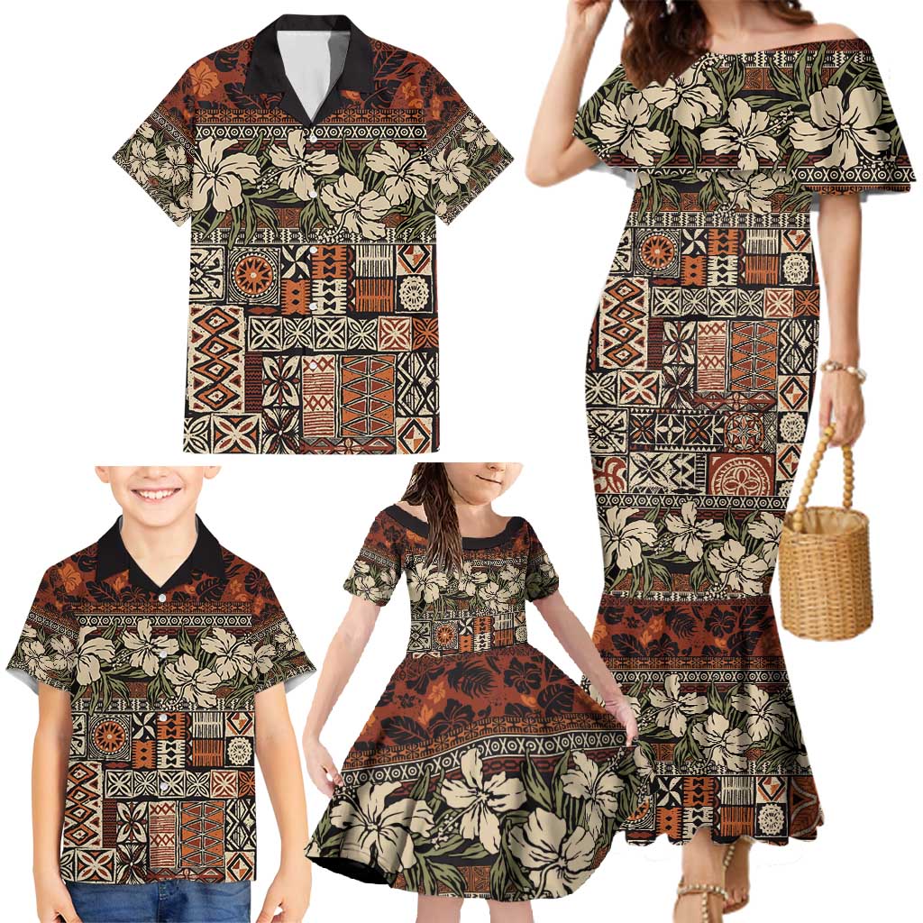 Pacific Hibiscus Tapa Tribal Vintage Family Matching Mermaid Dress and Hawaiian Shirt Brown Motif LT9 - Polynesian Pride