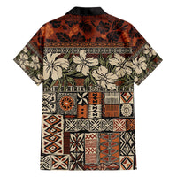 Pacific Hibiscus Tapa Tribal Vintage Family Matching Off The Shoulder Long Sleeve Dress and Hawaiian Shirt Brown Motif
