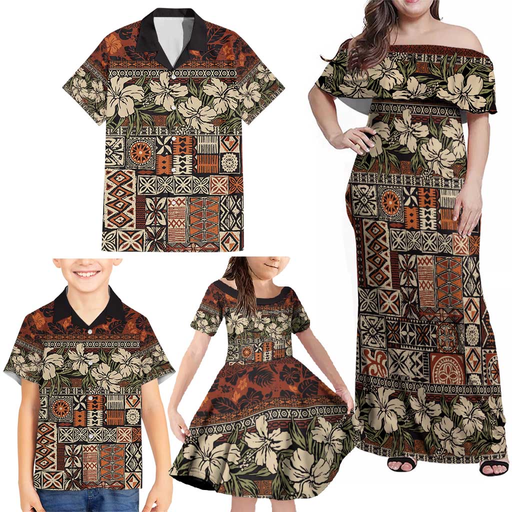 Pacific Hibiscus Tapa Tribal Vintage Family Matching Off Shoulder Maxi Dress and Hawaiian Shirt Brown Motif LT9 - Polynesian Pride