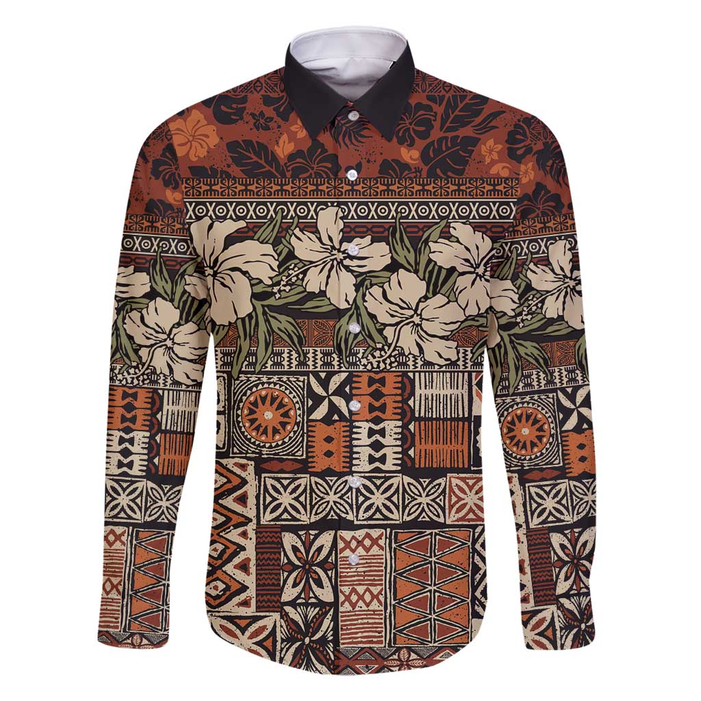 Pacific Hibiscus Tapa Tribal Vintage Family Matching Off Shoulder Maxi Dress and Hawaiian Shirt Brown Motif LT9 Dad's Shirt - Long Sleeve Brown - Polynesian Pride