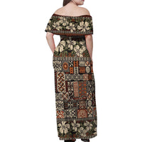 Pacific Hibiscus Tapa Tribal Vintage Family Matching Off Shoulder Maxi Dress and Hawaiian Shirt Brown Motif LT9 - Polynesian Pride