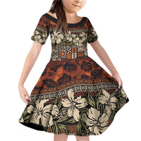 Pacific Hibiscus Tapa Tribal Vintage Family Matching Off Shoulder Short Dress and Hawaiian Shirt Brown Motif LT9 Daughter's Dress Brown - Polynesian Pride