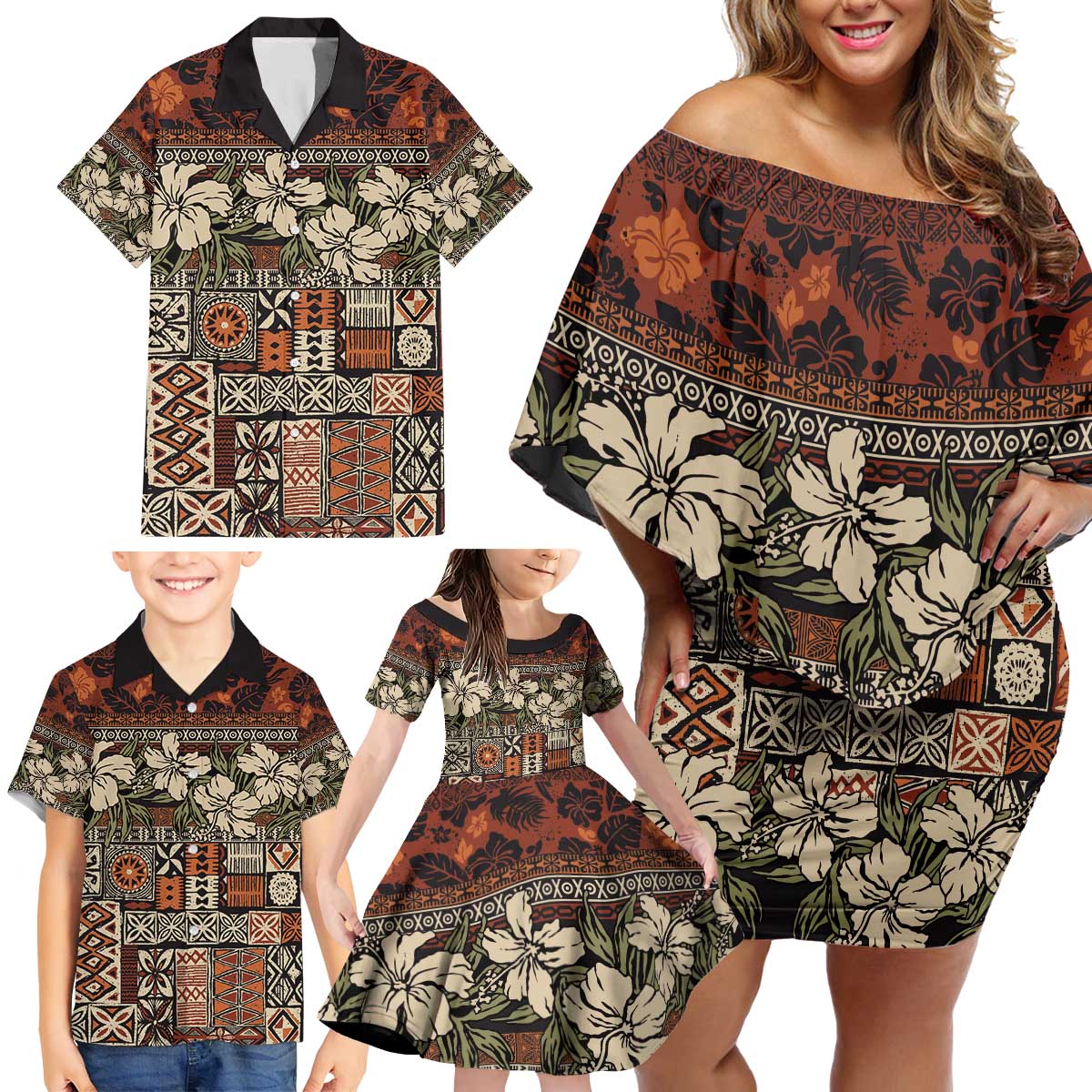 Pacific Hibiscus Tapa Tribal Vintage Family Matching Off Shoulder Short Dress and Hawaiian Shirt Brown Motif LT9 - Polynesian Pride