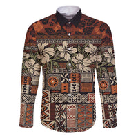Pacific Hibiscus Tapa Tribal Vintage Family Matching Off Shoulder Short Dress and Hawaiian Shirt Brown Motif LT9 Dad's Shirt - Long Sleeve Brown - Polynesian Pride