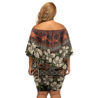 Pacific Hibiscus Tapa Tribal Vintage Family Matching Off Shoulder Short Dress and Hawaiian Shirt Brown Motif LT9 - Polynesian Pride