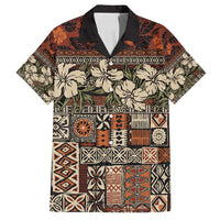Pacific Hibiscus Tapa Tribal Vintage Family Matching Puletasi and Hawaiian Shirt Brown Motif LT9 Dad's Shirt - Short Sleeve Brown - Polynesian Pride